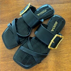 SODA Black Slide Sandals with Gold Buckle, 6.5 NWOB